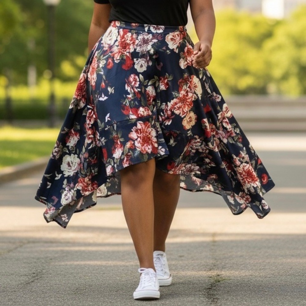Tamsy High-Low Skirt Women 3X Navy Blue Floral NWT Handkerchief Hem Stretch